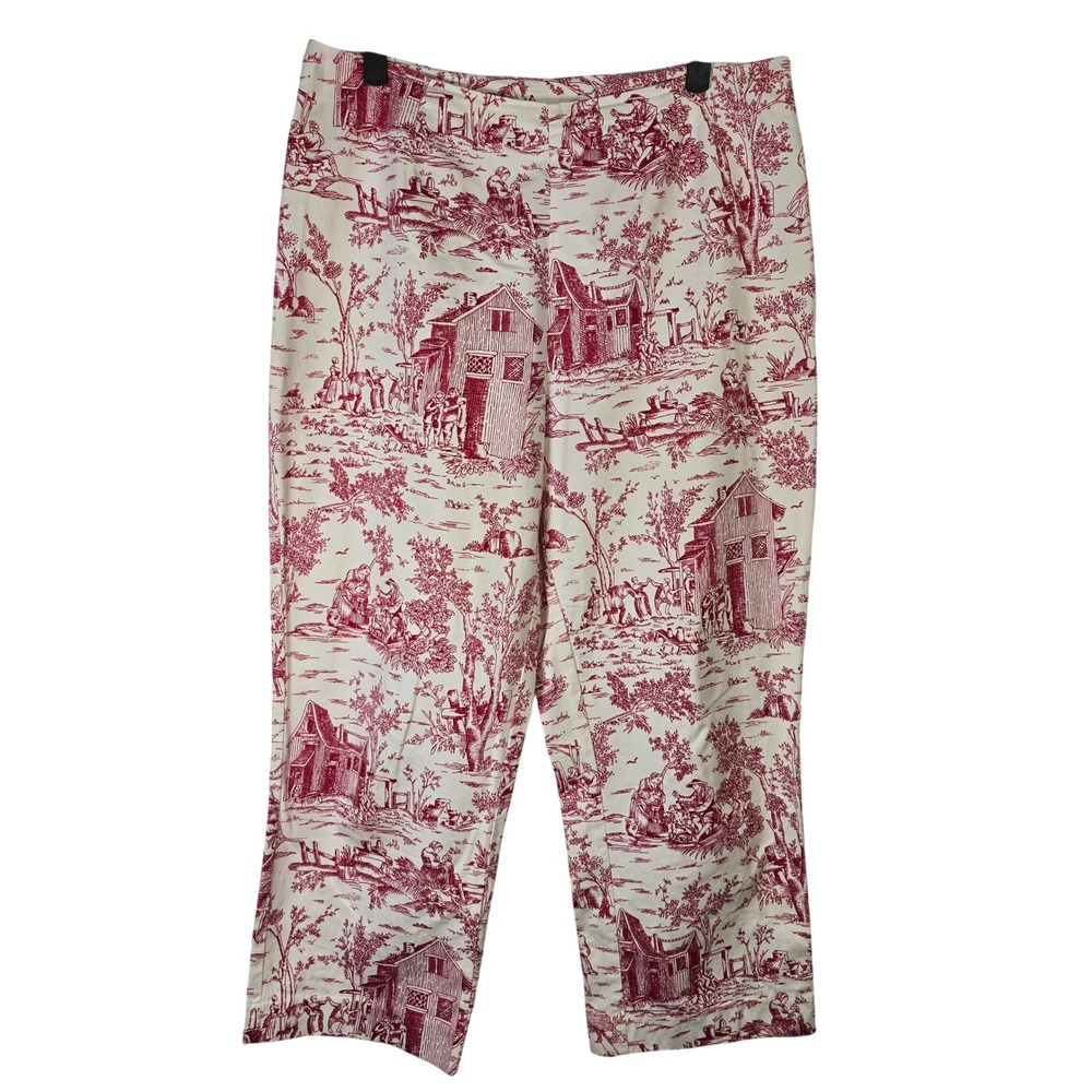 White Stag Toile Print Pants Ladies Size 12 Tusk Red Village Scene Crop‎